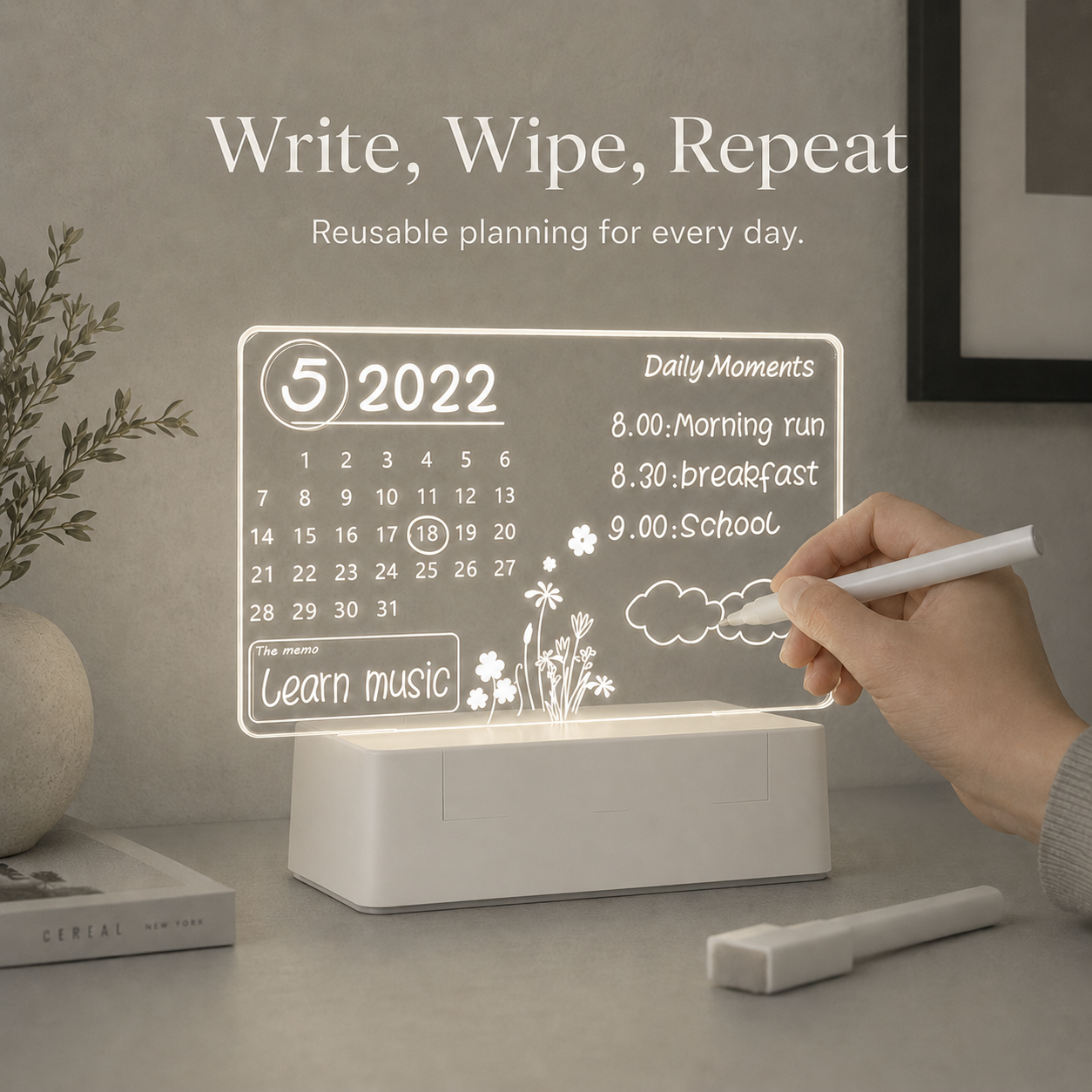 Acrylic Memo Lamp – LED Calendar Note Board with Erasable Marker