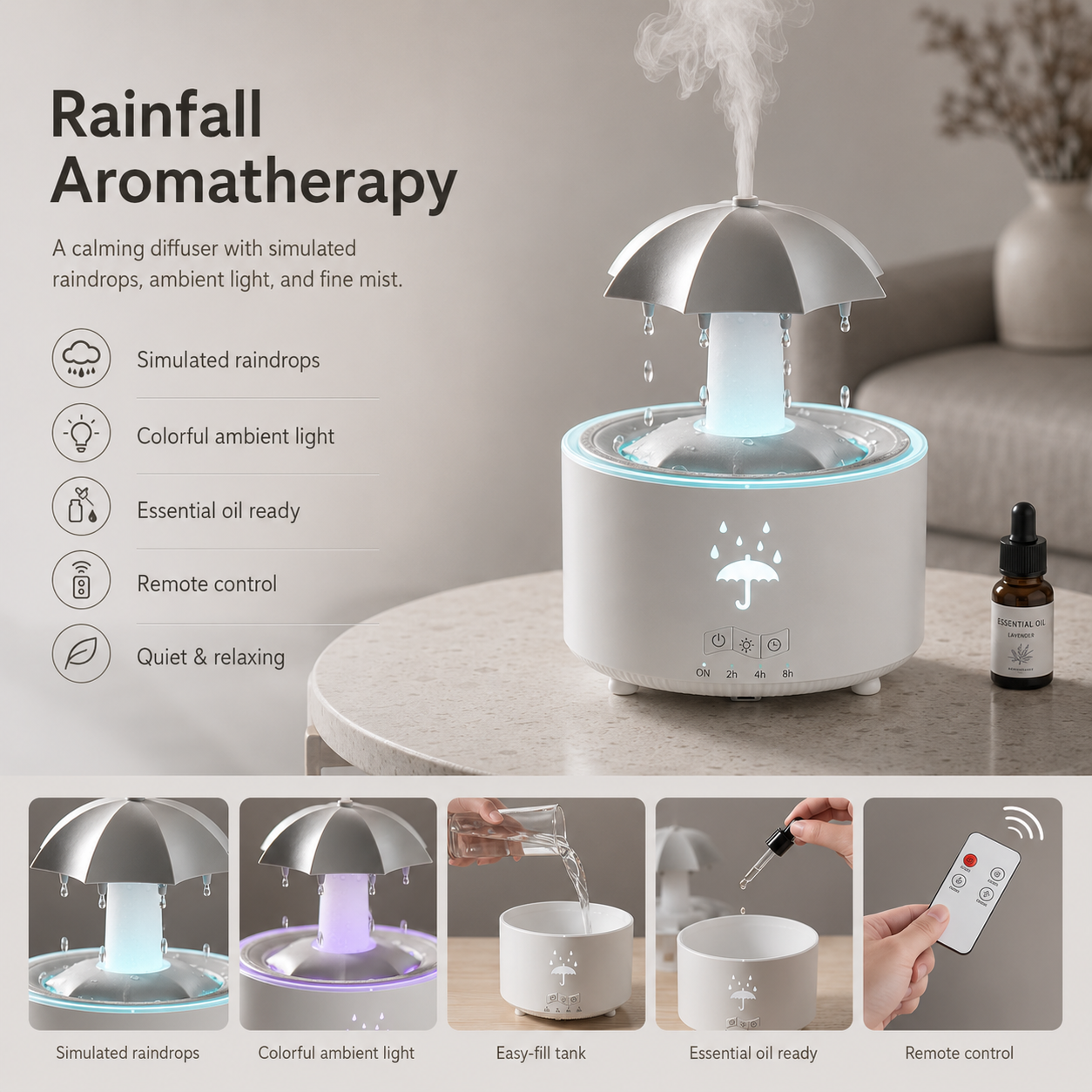 Auré Mist Diffuser with Rainfall Mist & Colorful Light