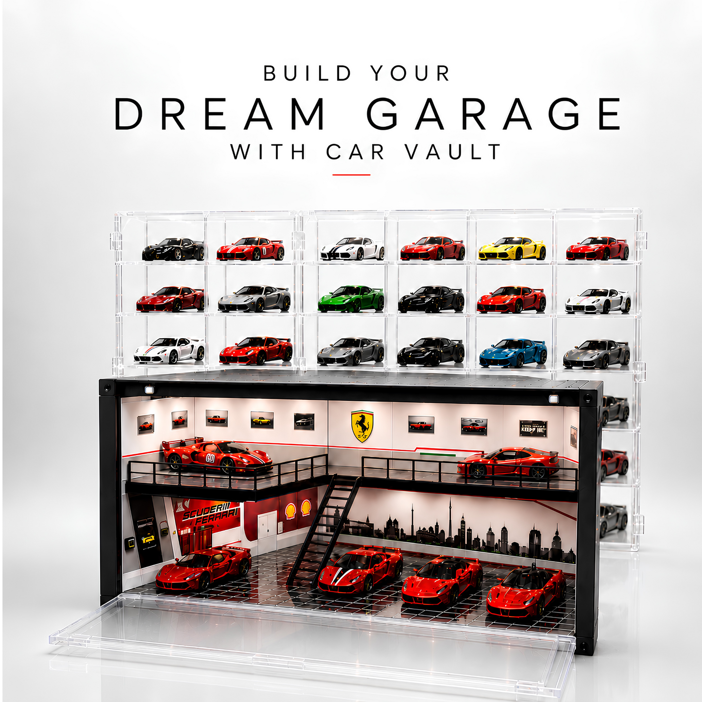 A promotional render of a car vault display set with multiple transparent storage compartments holding miniature sports cars. Large text at the top reads 'BUILD YOUR DREAM GARAGE WITH CAR VAULT'.