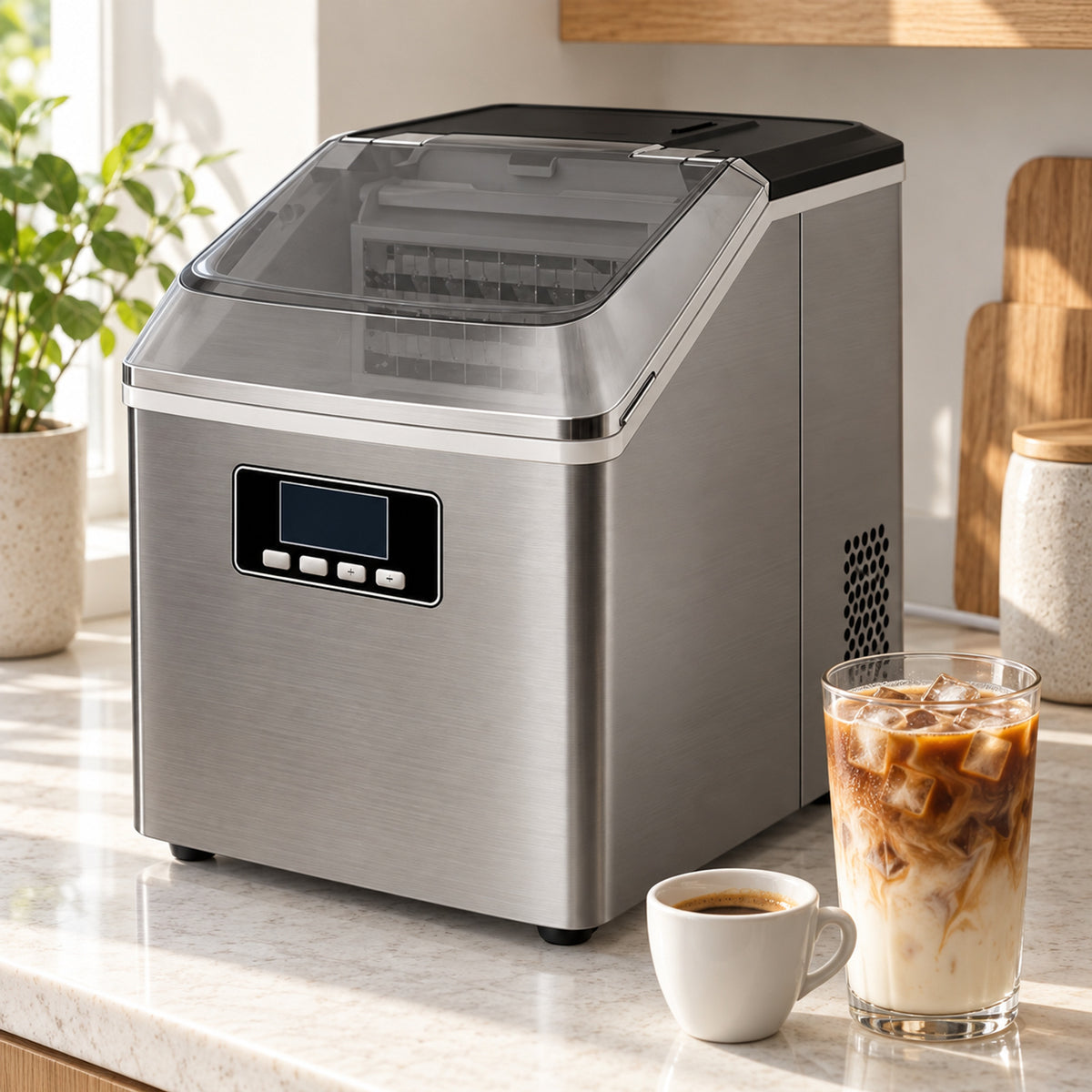 Ashton IceCubemaker beside an iced latte in a bright kitchen