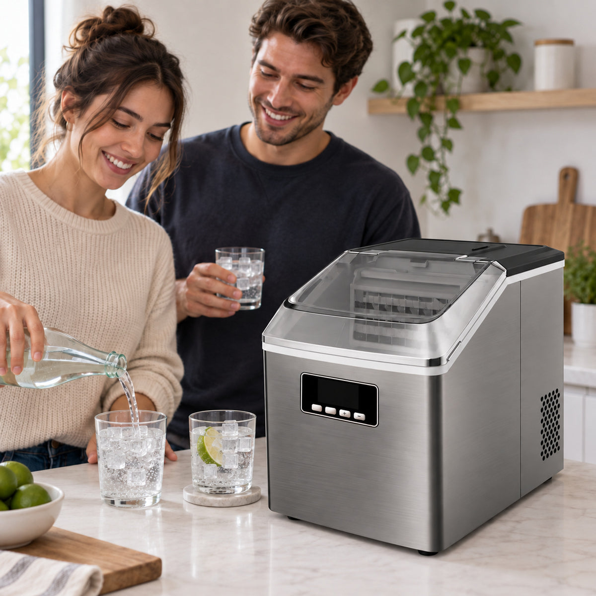 Ashton IceCubemaker at an indoor drinks counter while friends gather