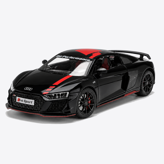 Audi R8 V10 Performance 1:24 Scale Model — Gloss Black / Red — closed front-three-quarter exterior, nose canvas-left