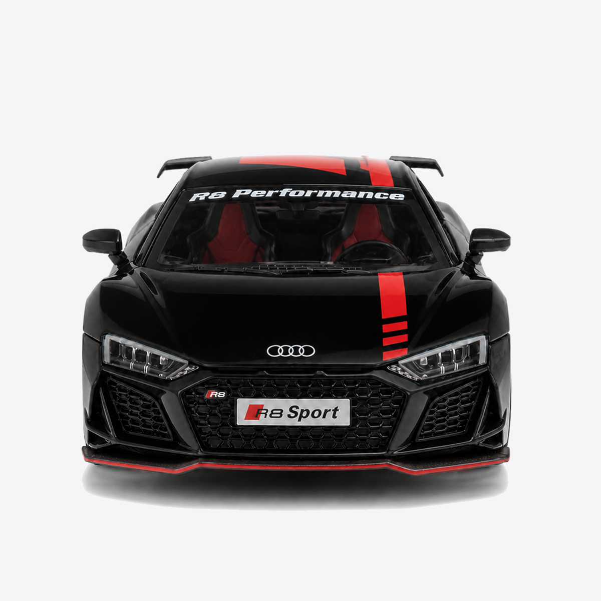 Audi R8 V10 Performance 1:24 Scale Model — Gloss Black / Red — direct centered front exterior
