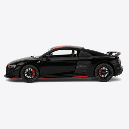 Audi R8 V10 Performance 1:24 Scale Model — Gloss Black / Red — closed perpendicular side profile, nose canvas-left