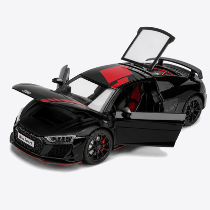 Audi R8 V10 Performance 1:24 Scale Model — Gloss Black / Red — only exact-product verified doors, covers, panels, lights, steering or pull-back mechanisms