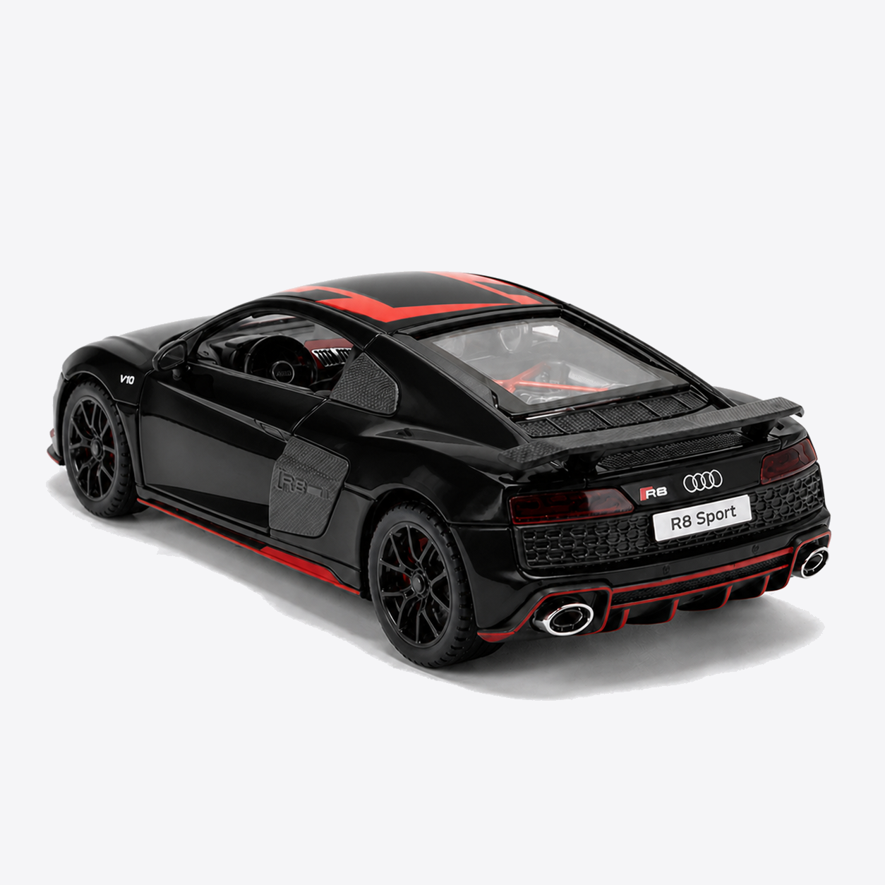Audi R8 V10 Performance 1:24 Scale Model — Gloss Black / Red — closed rear-three-quarter exterior, nose canvas-left
