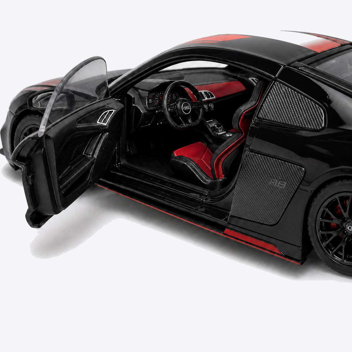 Audi R8 V10 Performance 1:24 Scale Model — Gloss Black / Red — exact cockpit and cabin close-up from the verified access side