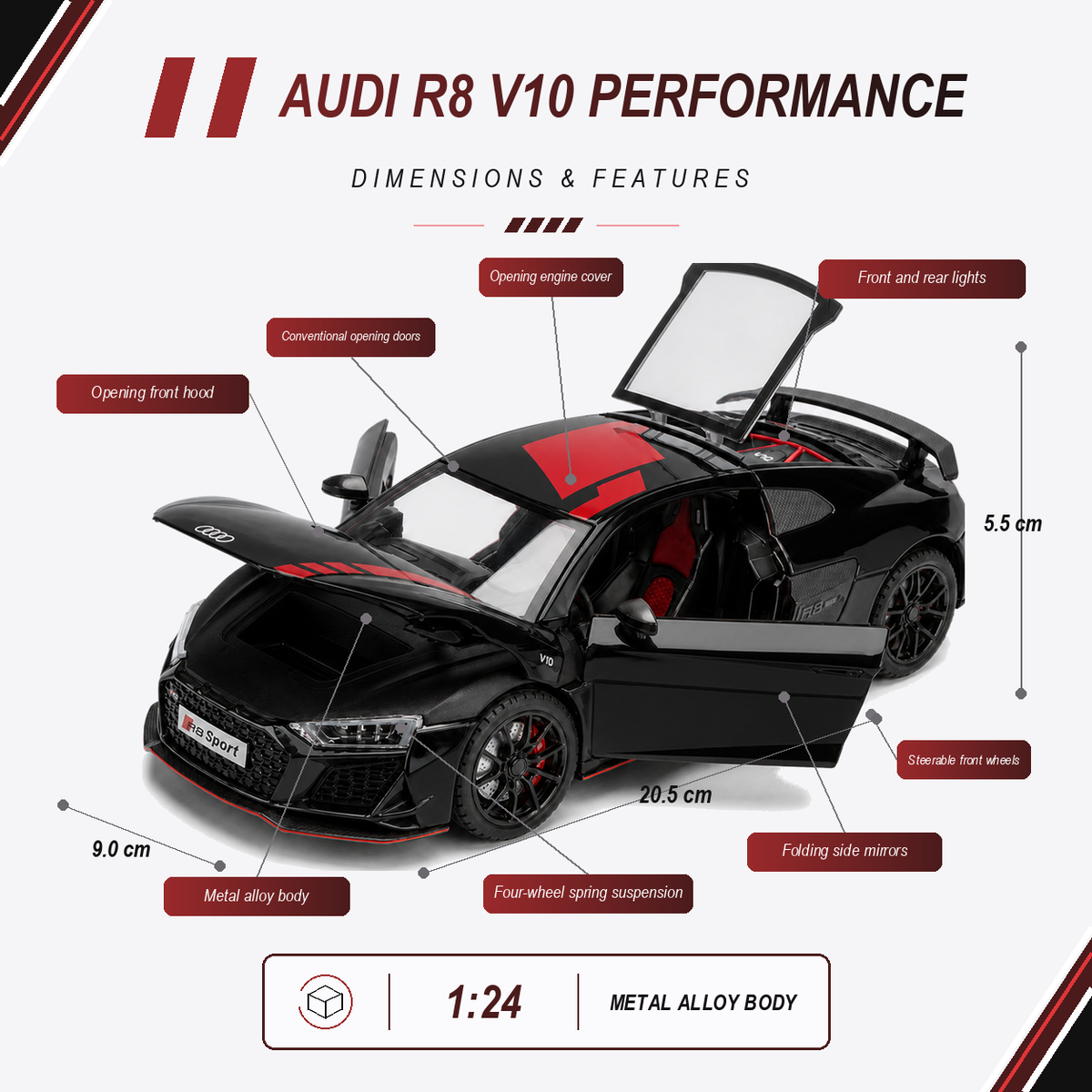 Audi R8 V10 Performance 1:24 Scale Model — Gloss Black / Red — model name, verified dimensions, scale, material and precise feature callouts in the active colourway accent