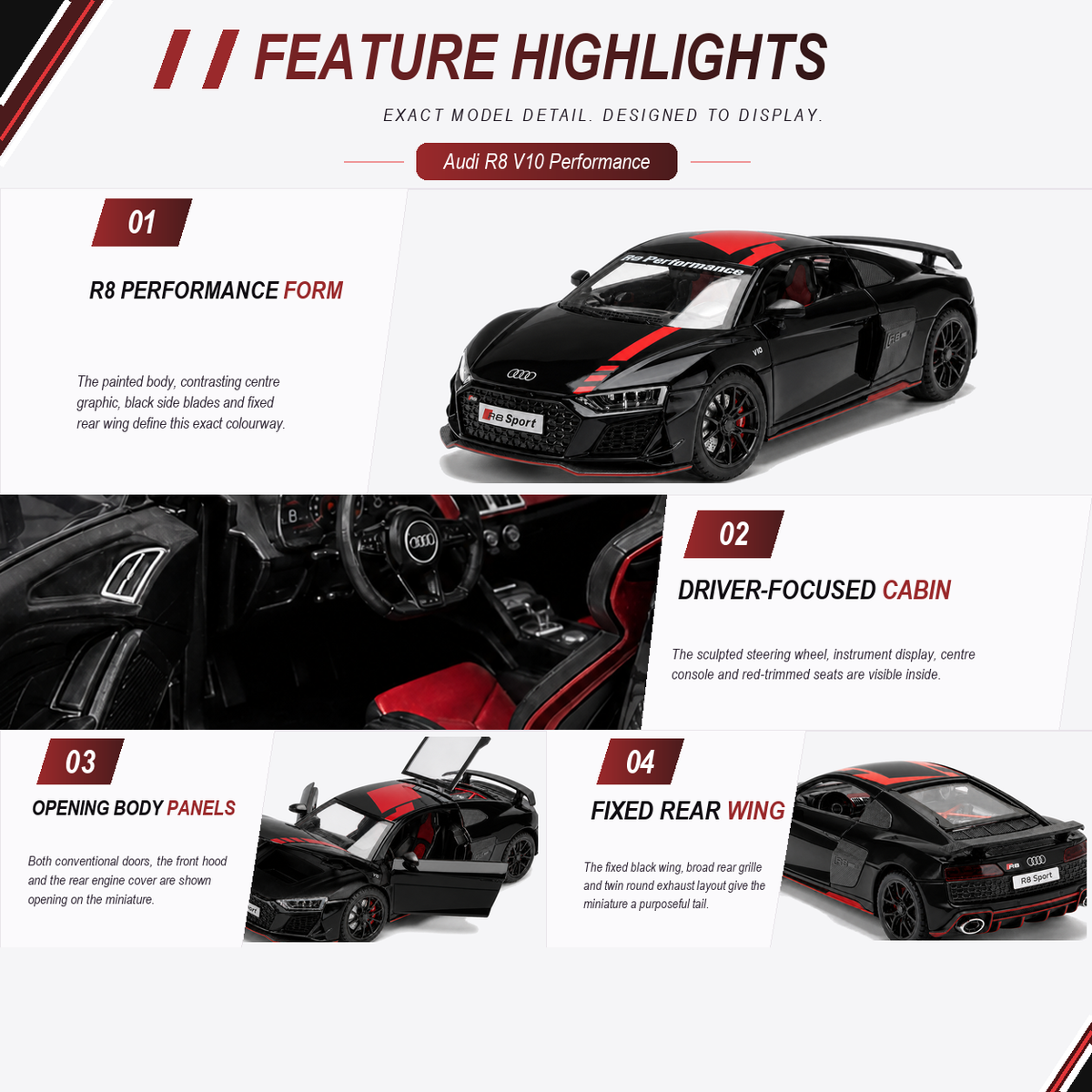 Audi R8 V10 Performance 1:24 Scale Model — Gloss Black / Red — four verified numbered car-specific feature stories, each bound to its own exact-product source, crop and fit, plus the fixed five-item evidence-bound capability rail