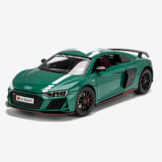 Audi R8 V10 Performance 1:24 Scale Model — Gloss Emerald Green / White — closed front-three-quarter exterior, nose canvas-left