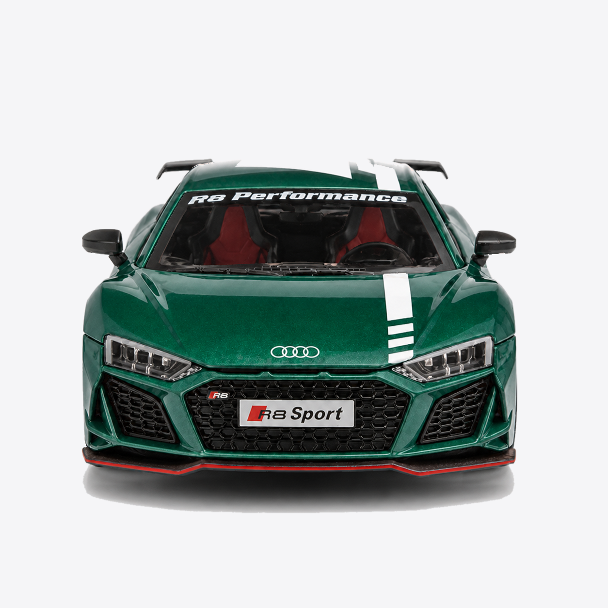 Audi R8 V10 Performance 1:24 Scale Model — Gloss Emerald Green / White — direct centered front exterior