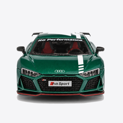 Audi R8 V10 Performance 1:24 Scale Model — Gloss Emerald Green / White — direct centered front exterior