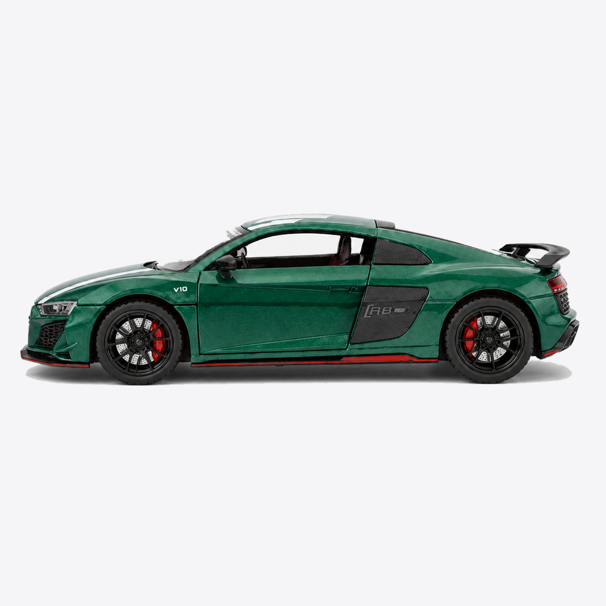 Audi R8 V10 Performance 1:24 Scale Model — Gloss Emerald Green / White — closed perpendicular side profile, nose canvas-left