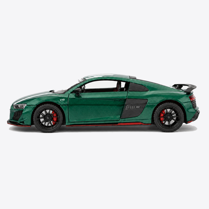 Audi R8 V10 Performance 1:24 Scale Model — Gloss Emerald Green / White — closed perpendicular side profile, nose canvas-left