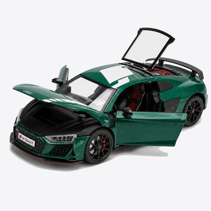 Audi R8 V10 Performance 1:24 Scale Model — Gloss Emerald Green / White — only exact-product verified doors, covers, panels, lights, steering or pull-back mechanisms