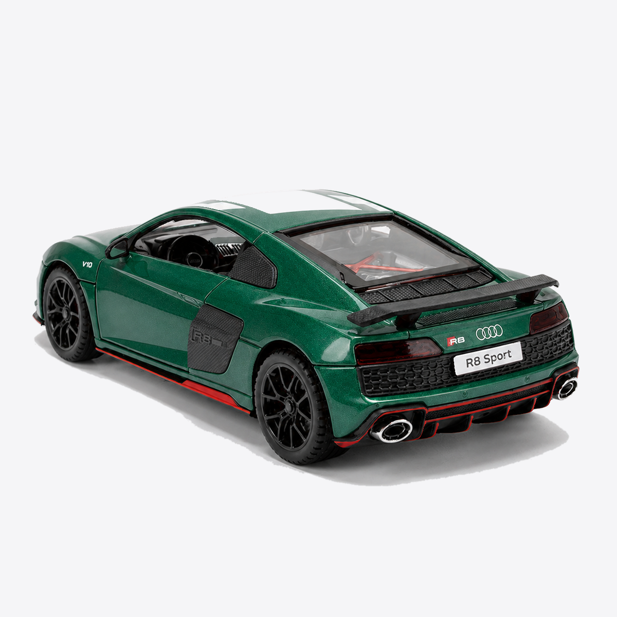 Audi R8 V10 Performance 1:24 Scale Model — Gloss Emerald Green / White — closed rear-three-quarter exterior, nose canvas-left