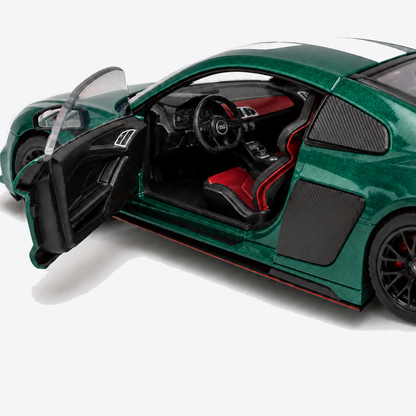 Audi R8 V10 Performance 1:24 Scale Model — Gloss Emerald Green / White — exact cockpit and cabin close-up from the verified access side