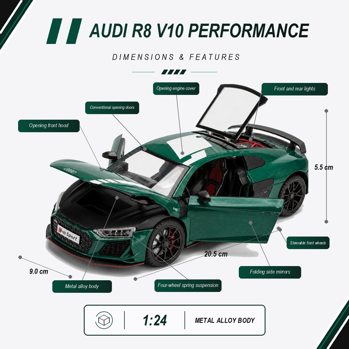 Audi R8 V10 Performance 1:24 Scale Model — Gloss Emerald Green / White — model name, verified dimensions, scale, material and precise feature callouts in the active colourway accent