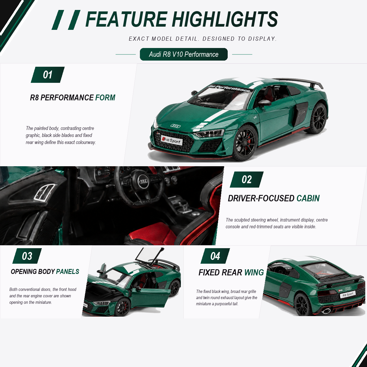Audi R8 V10 Performance 1:24 Scale Model — Gloss Emerald Green / White — four verified numbered car-specific feature stories, each bound to its own exact-product source, crop and fit, plus the fixed five-item evidence-bound capability rail