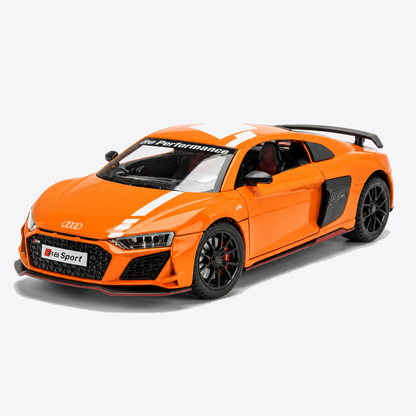 Audi R8 V10 Performance 1:24 Scale Model — Orange / White — closed front-three-quarter exterior, nose canvas-left