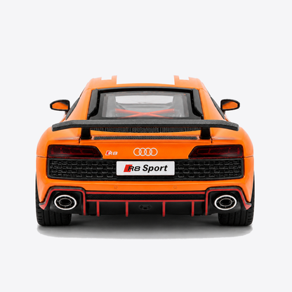 Audi R8 V10 Performance 1:24 Scale Model — Orange / White — direct centered rear exterior
