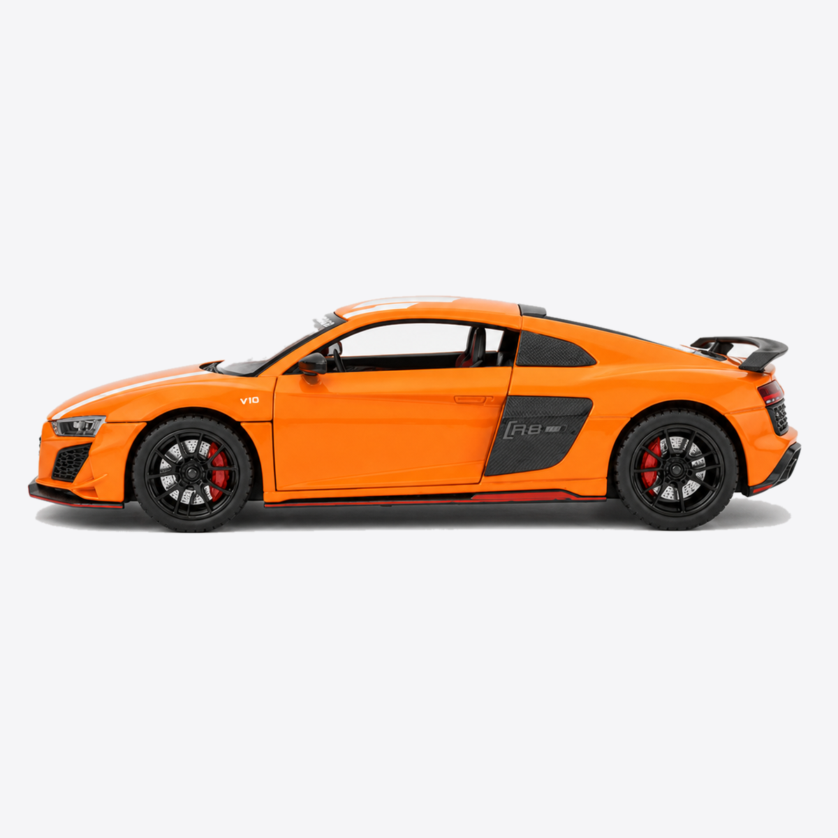 Audi R8 V10 Performance 1:24 Scale Model — Orange / White — closed perpendicular side profile, nose canvas-left