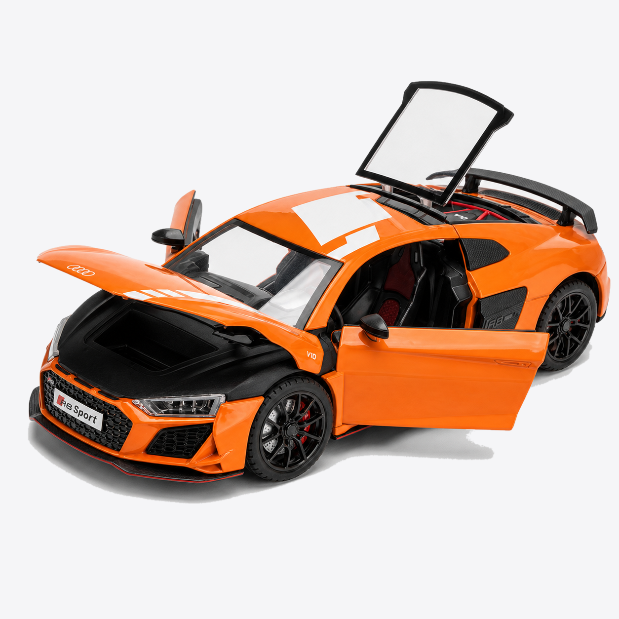 Audi R8 V10 Performance 1:24 Scale Model — Orange / White — only exact-product verified doors, covers, panels, lights, steering or pull-back mechanisms