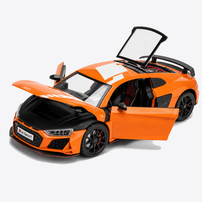 Audi R8 V10 Performance 1:24 Scale Model — Orange / White — only exact-product verified doors, covers, panels, lights, steering or pull-back mechanisms