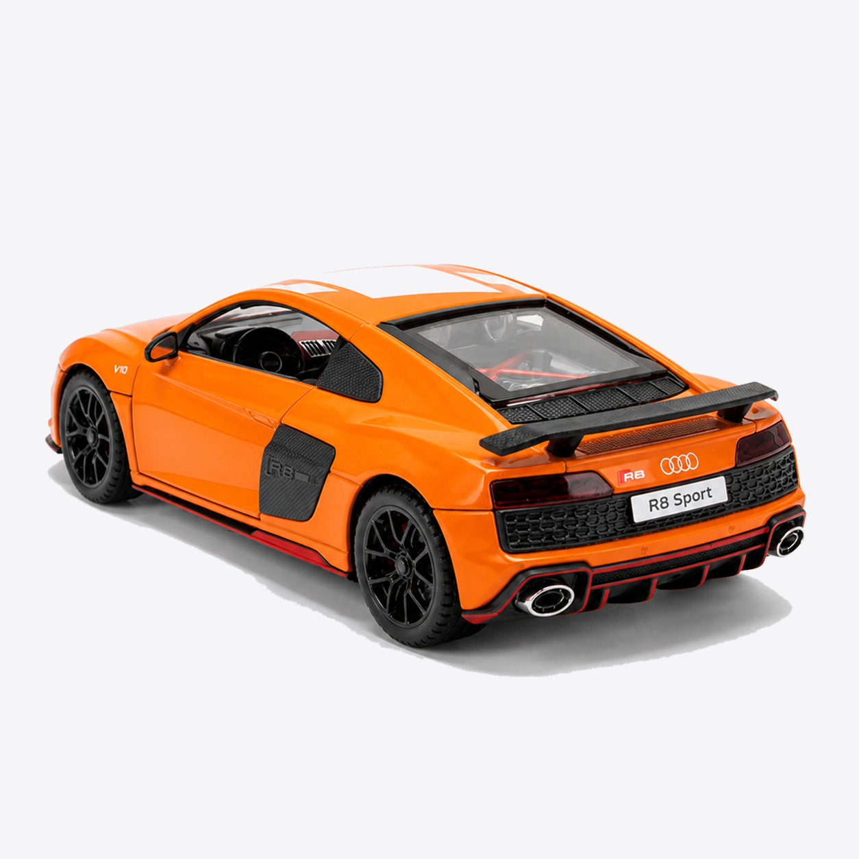 Audi R8 V10 Performance 1:24 Scale Model — Orange / White — closed rear-three-quarter exterior, nose canvas-left