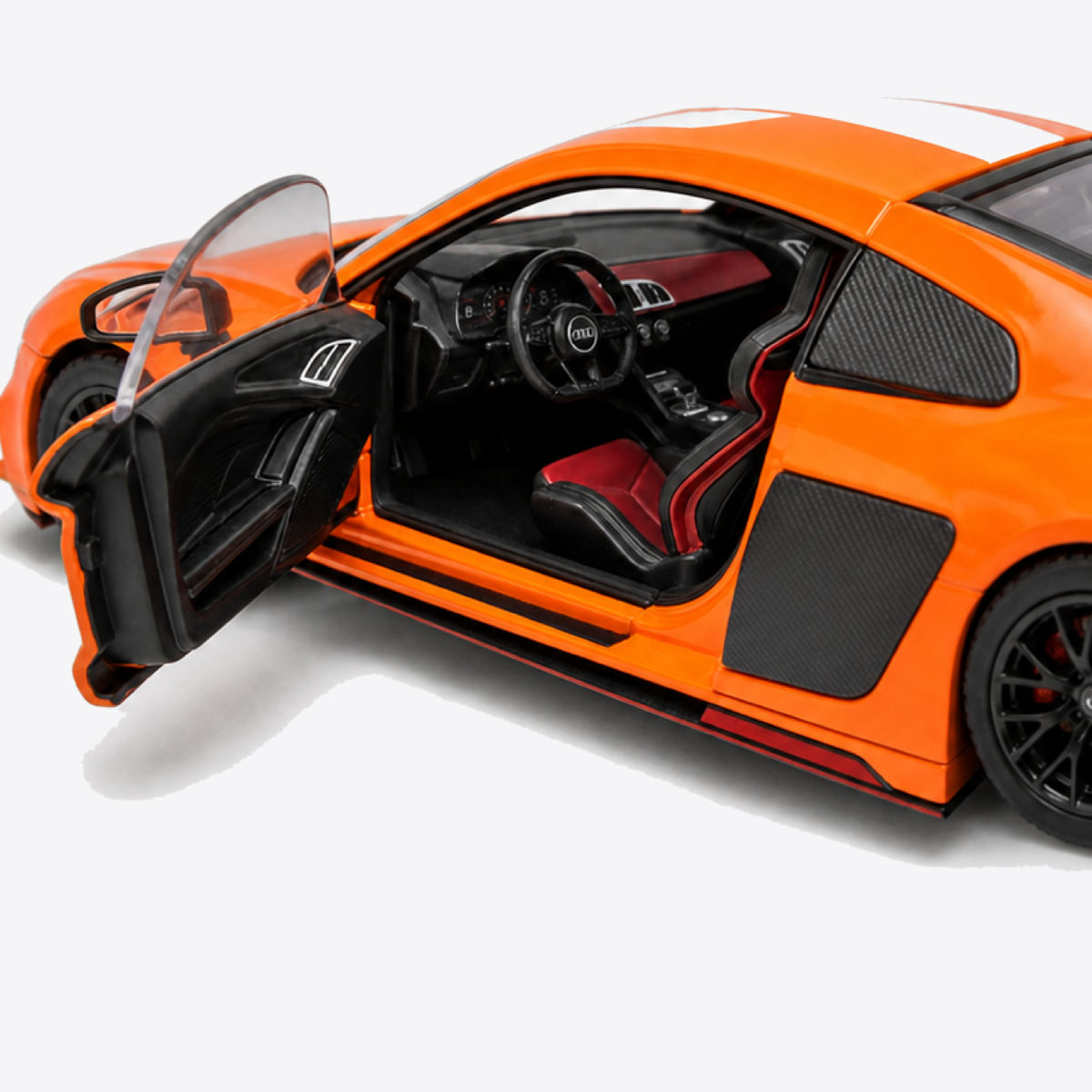 Audi R8 V10 Performance 1:24 Scale Model — Orange / White — exact cockpit and cabin close-up from the verified access side
