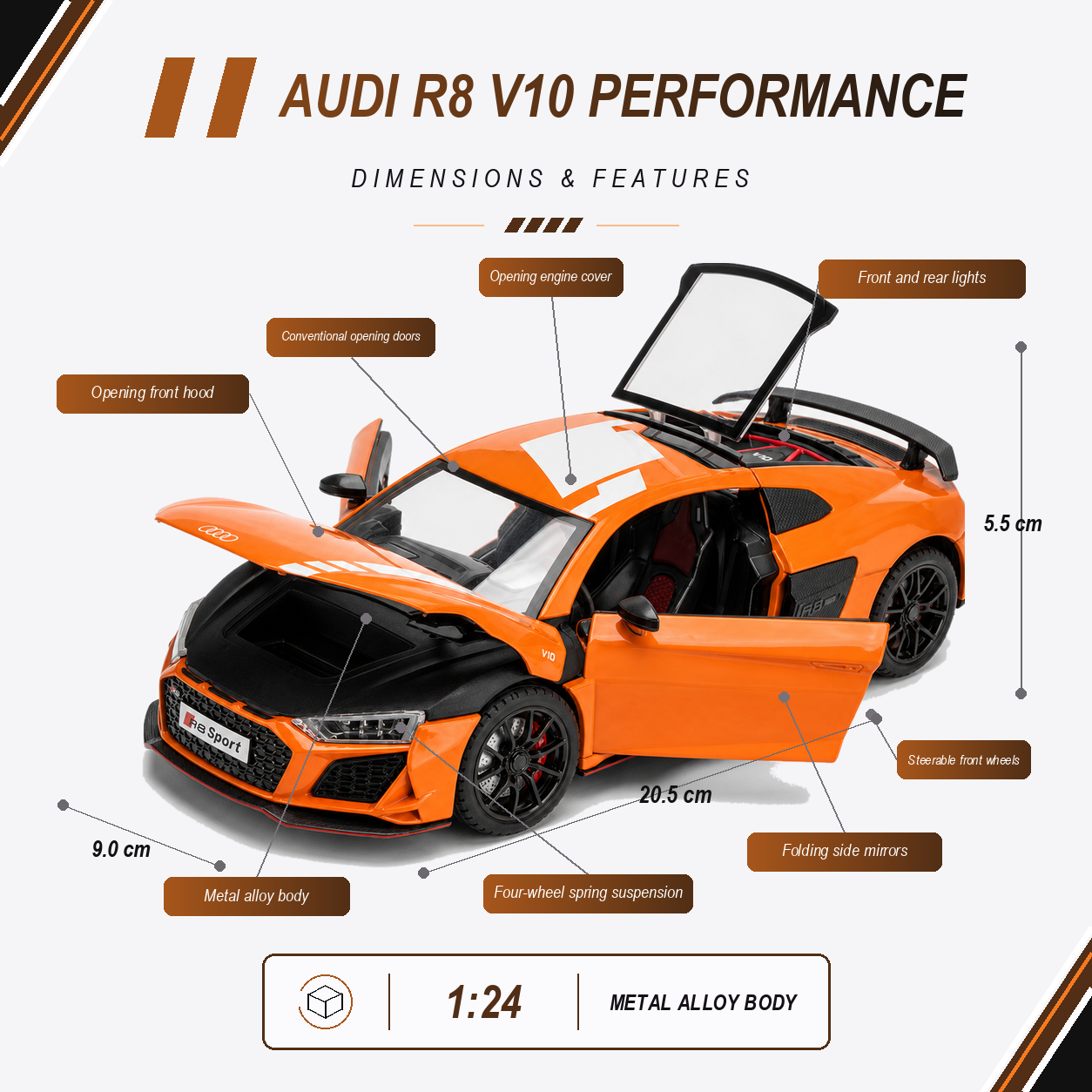 Audi R8 V10 Performance 1:24 Scale Model — Orange / White — model name, verified dimensions, scale, material and precise feature callouts in the active colourway accent