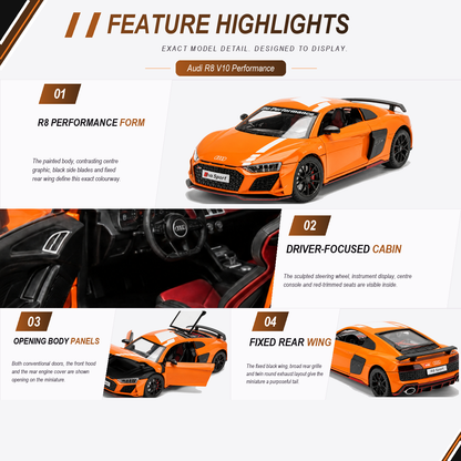 Audi R8 V10 Performance 1:24 Scale Model — Orange / White — four verified numbered car-specific feature stories, each bound to its own exact-product source, crop and fit, plus the fixed five-item evidence-bound capability rail
