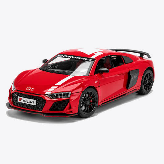 Audi R8 V10 Performance 1:24 Scale Model — Gloss Red / White — closed front-three-quarter exterior, nose canvas-left