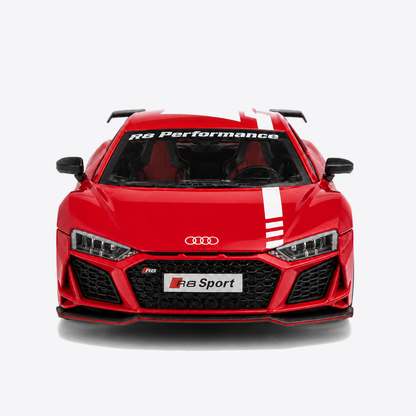Audi R8 V10 Performance 1:24 Scale Model — Gloss Red / White — direct centered front exterior