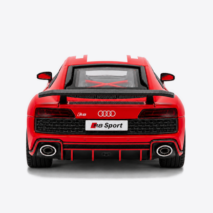 Audi R8 V10 Performance 1:24 Scale Model — Gloss Red / White — direct centered rear exterior