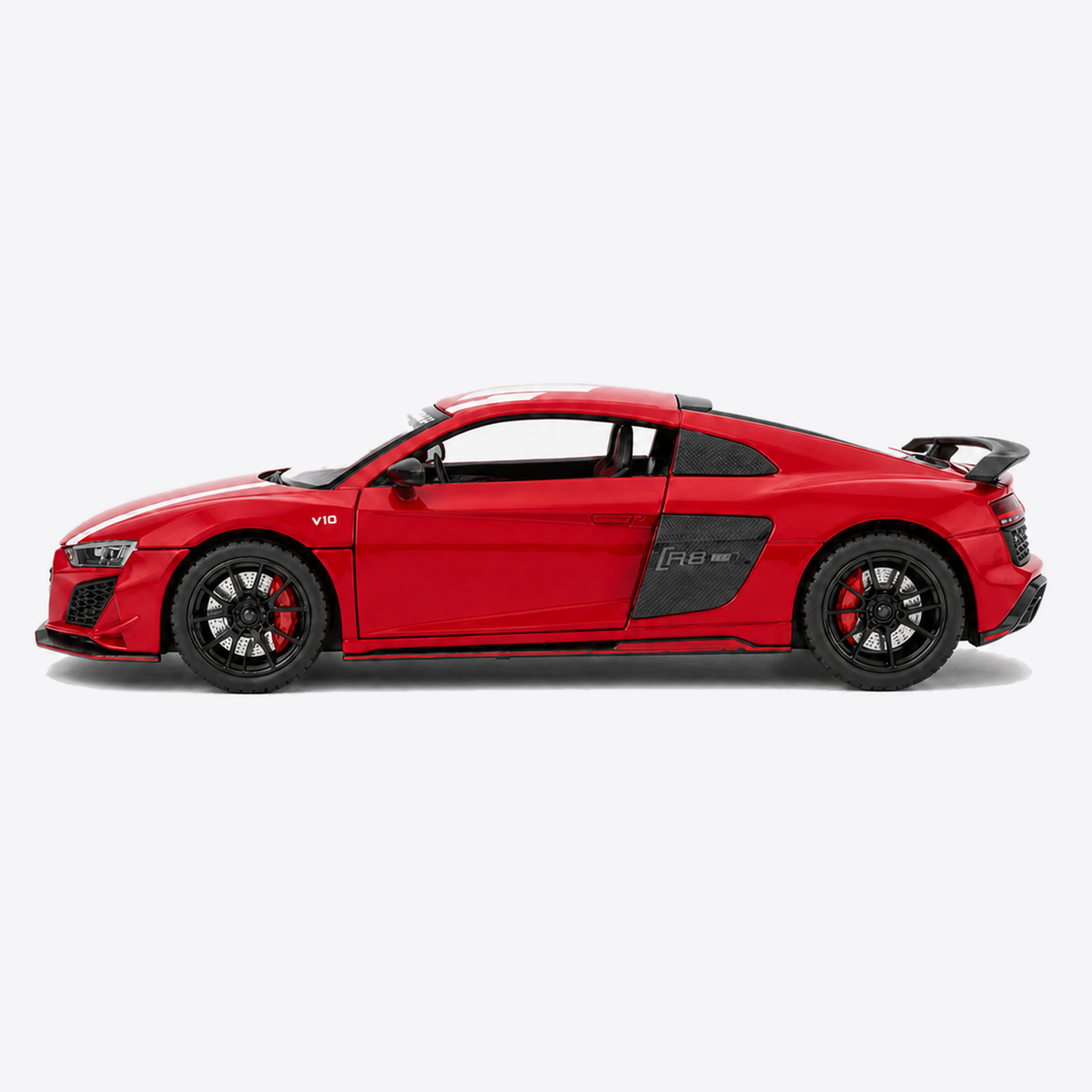 Audi R8 V10 Performance 1:24 Scale Model — Gloss Red / White — closed perpendicular side profile, nose canvas-left