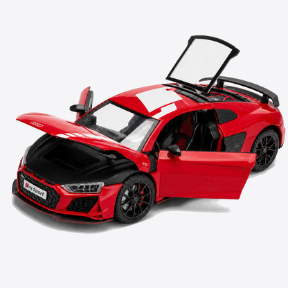 Audi R8 V10 Performance 1:24 Scale Model — Gloss Red / White — only exact-product verified doors, covers, panels, lights, steering or pull-back mechanisms