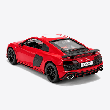 Audi R8 V10 Performance 1:24 Scale Model — Gloss Red / White — closed rear-three-quarter exterior, nose canvas-left