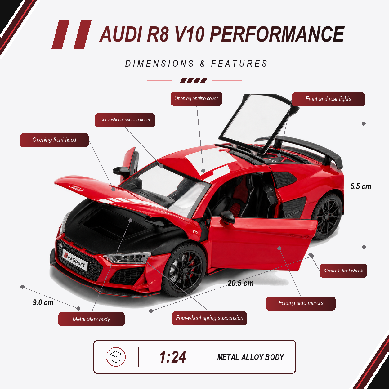 Audi R8 V10 Performance 1:24 Scale Model — Gloss Red / White — model name, verified dimensions, scale, material and precise feature callouts in the active colourway accent