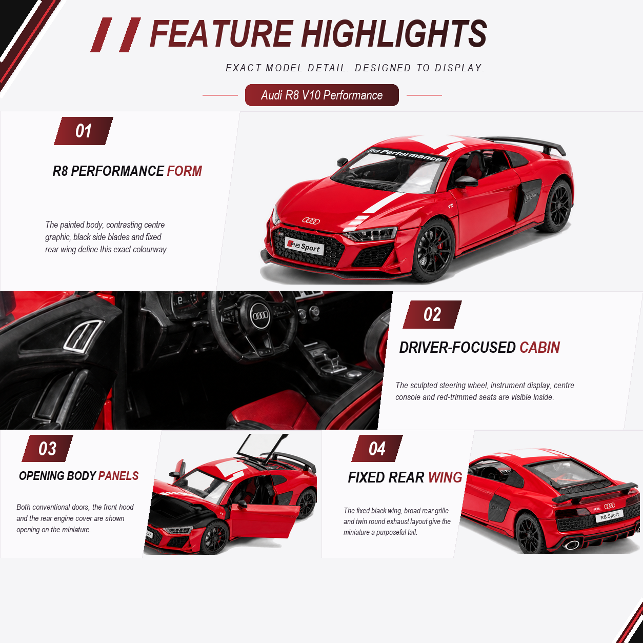 Audi R8 V10 Performance 1:24 Scale Model — Gloss Red / White — four verified numbered car-specific feature stories, each bound to its own exact-product source, crop and fit, plus the fixed five-item evidence-bound capability rail