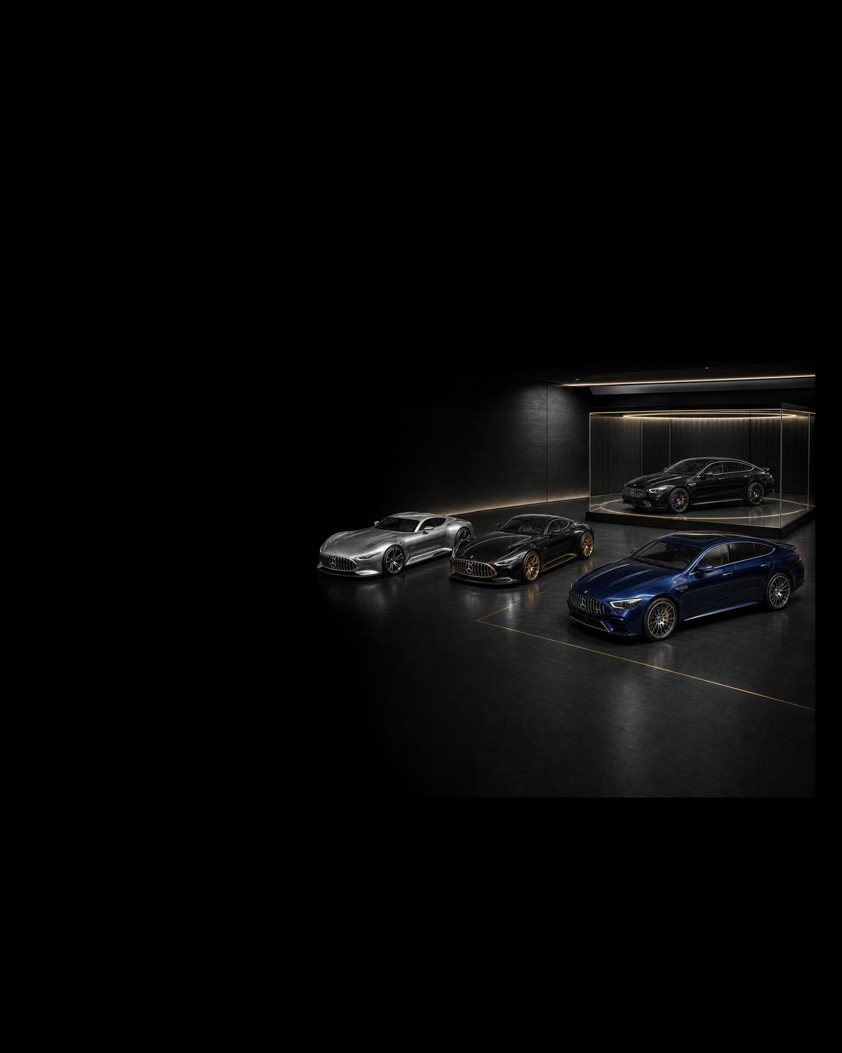Four silver, gold-accented black, black and blue AMG collectibles in a brushed-graphite miniature gallery.