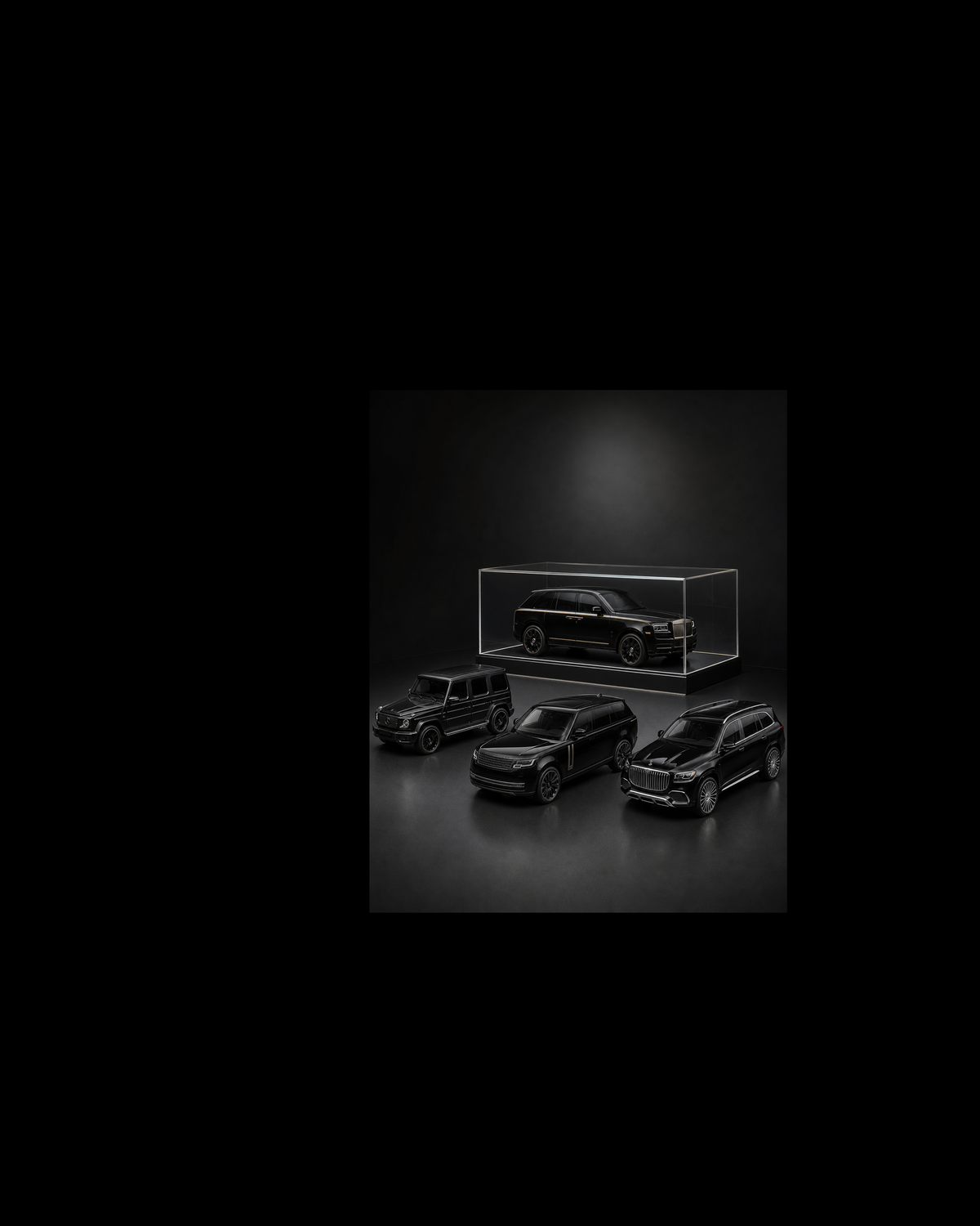 Four distinct all-black luxury SUV collectibles arranged in one charcoal-black miniature collector vault.