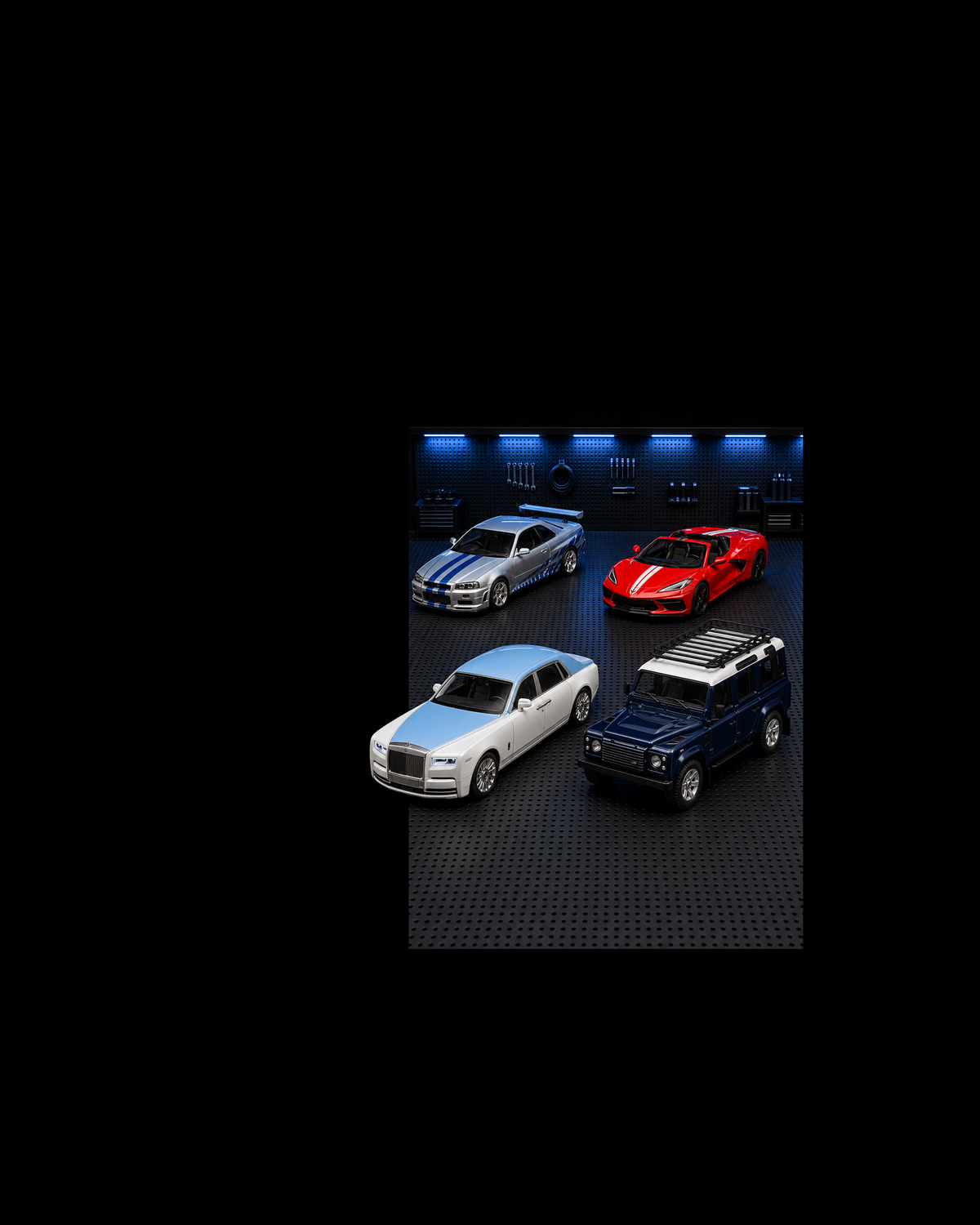 A Skyline, Corvette roadster, Phantom and Defender collectible grouped in one blue-lit miniature workshop.