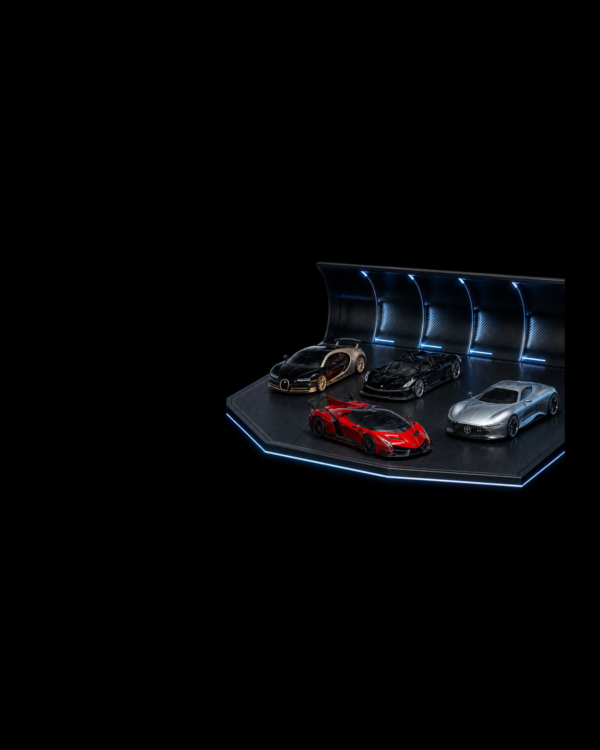 Four collectible hypercars in black, red and silver arranged inside a dark carbon-fibre miniature aero tunnel.