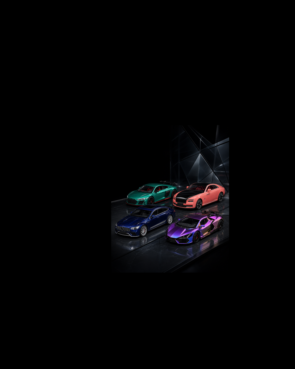 Four emerald, blush, sapphire-blue and chameleon-purple collectible cars in a smoked-glass miniature gallery.