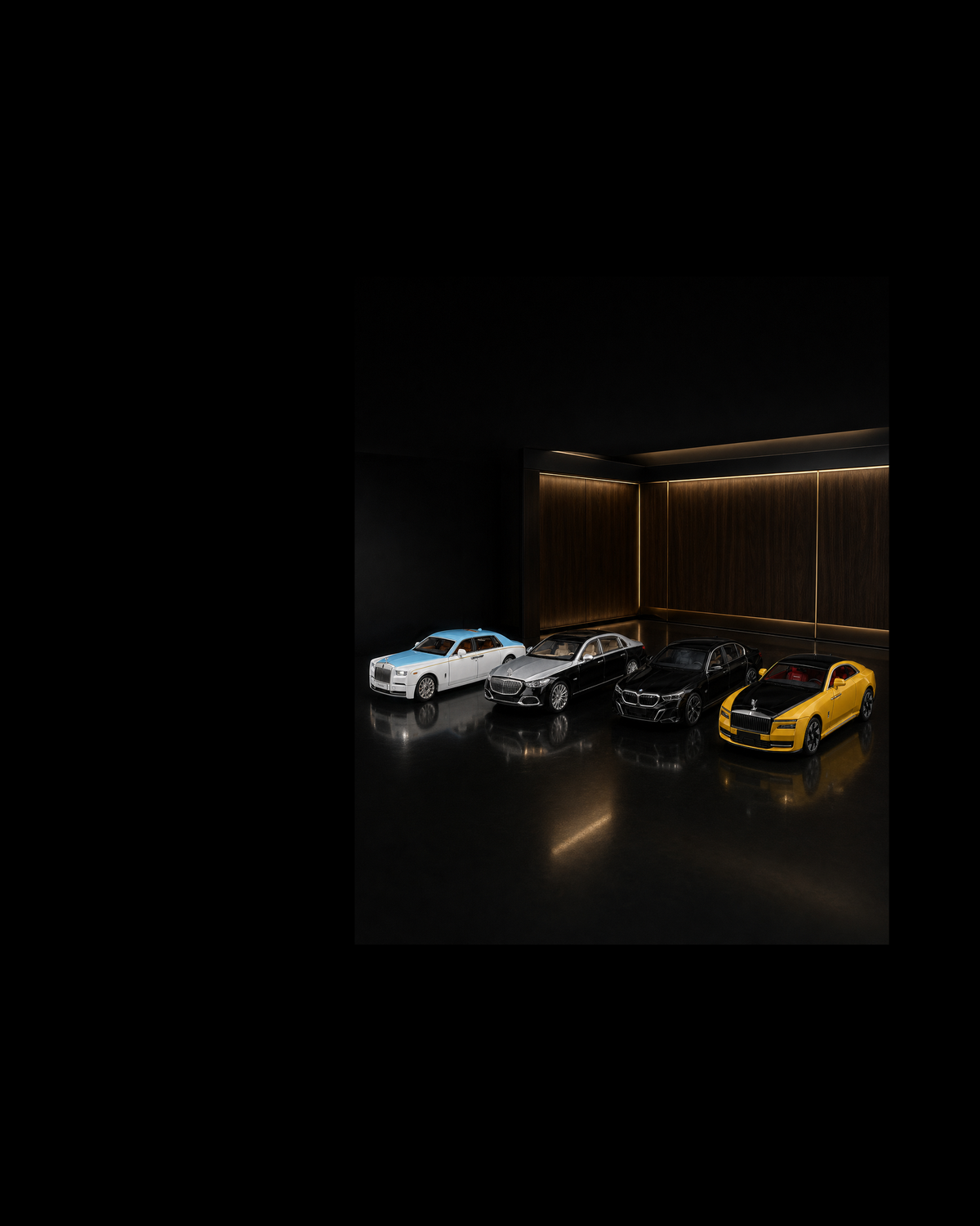 Four premium luxury-car collectibles in pale blue, silver, black and gold inside a dark miniature collector room.