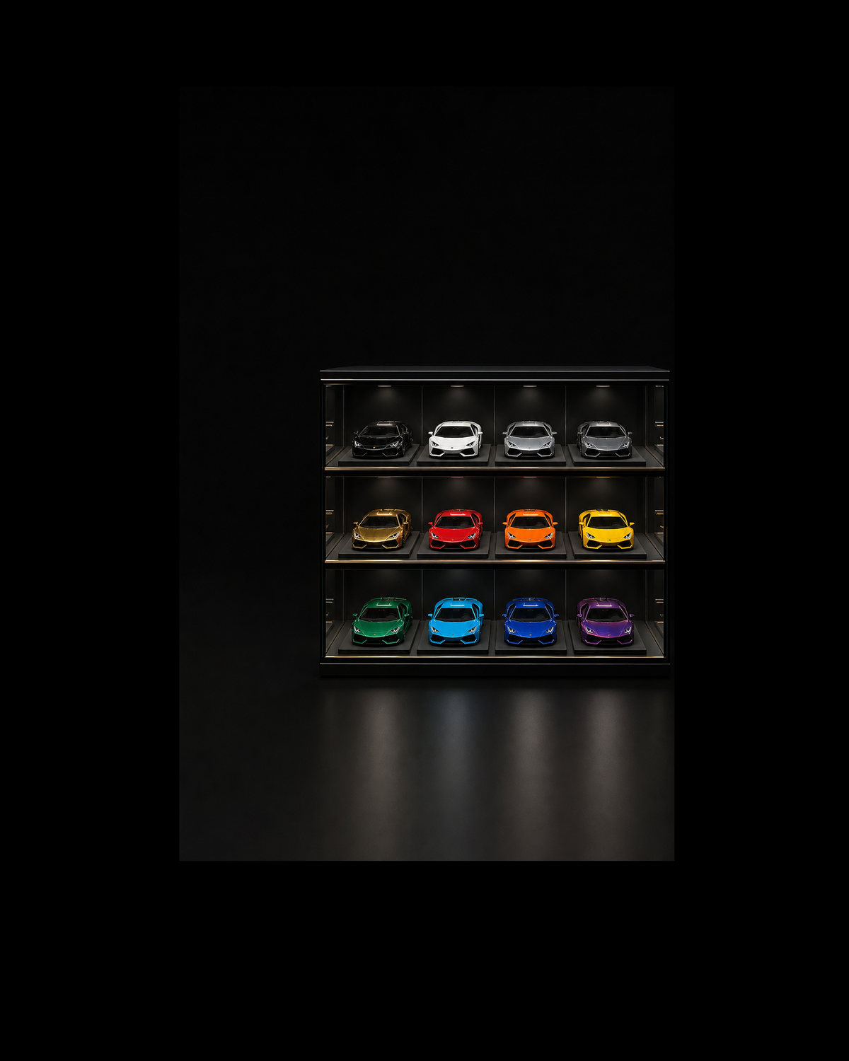 Twelve Revuelto collectibles in twelve distinct colours arranged in a three-by-four black-glass miniature archive.