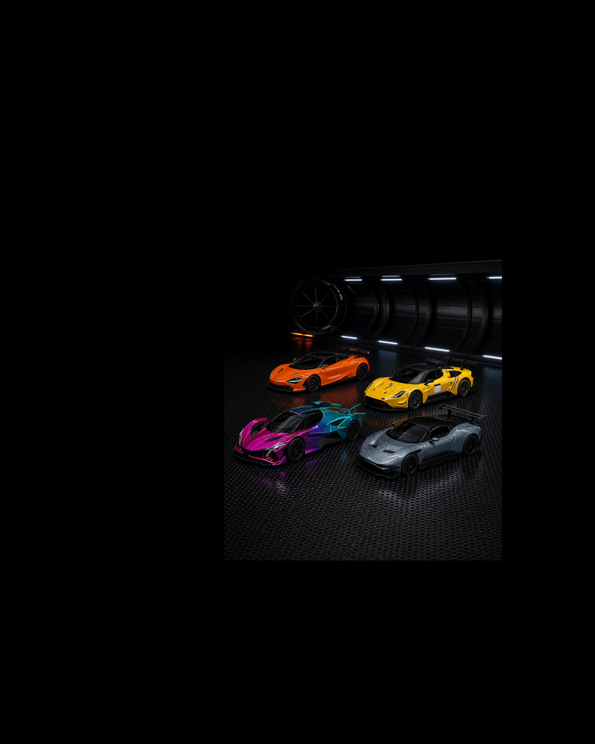 Four chameleon, silver, orange and yellow performance-car collectibles in a miniature carbon-fibre wind tunnel.