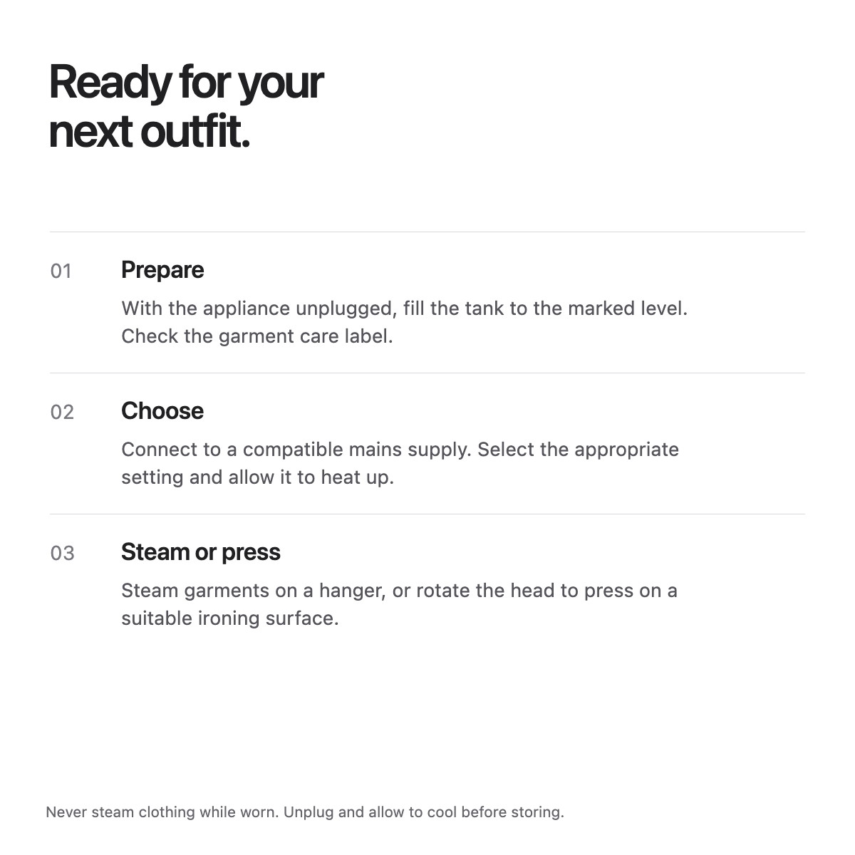 Getting started with Carter & Cole: prepare while unplugged, choose a setting, then steam hanging garments or press on an ironing surface