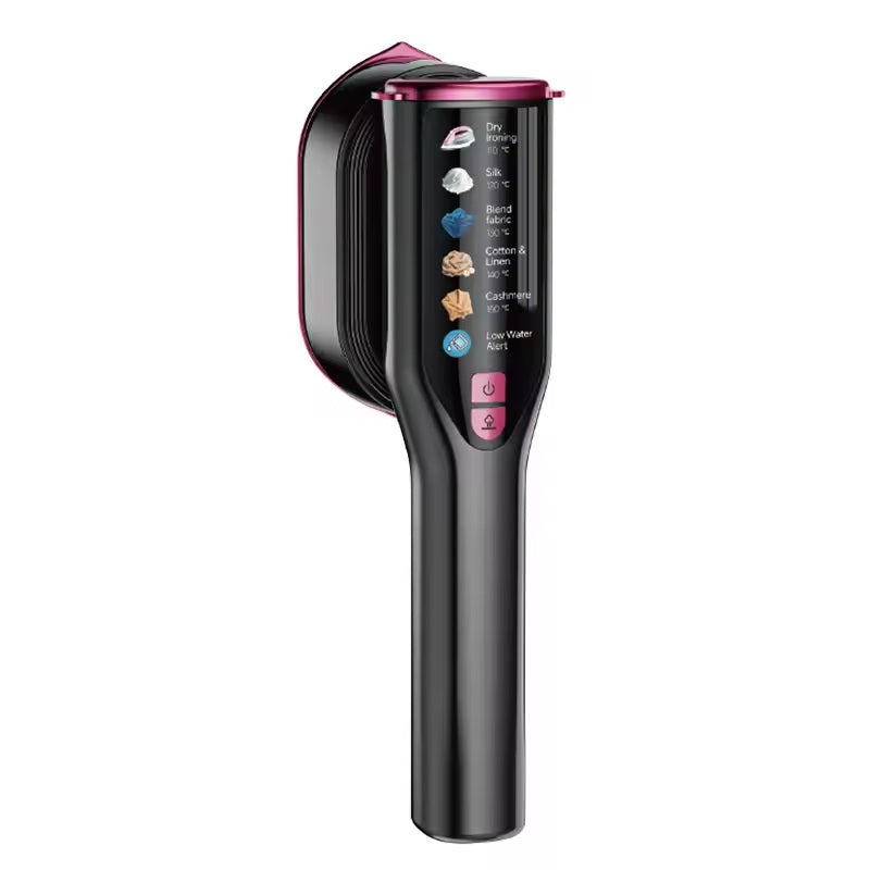 Carter & Cole garment steamer, original supplier view showing the graphite and magenta body, fabric-setting display and two controls